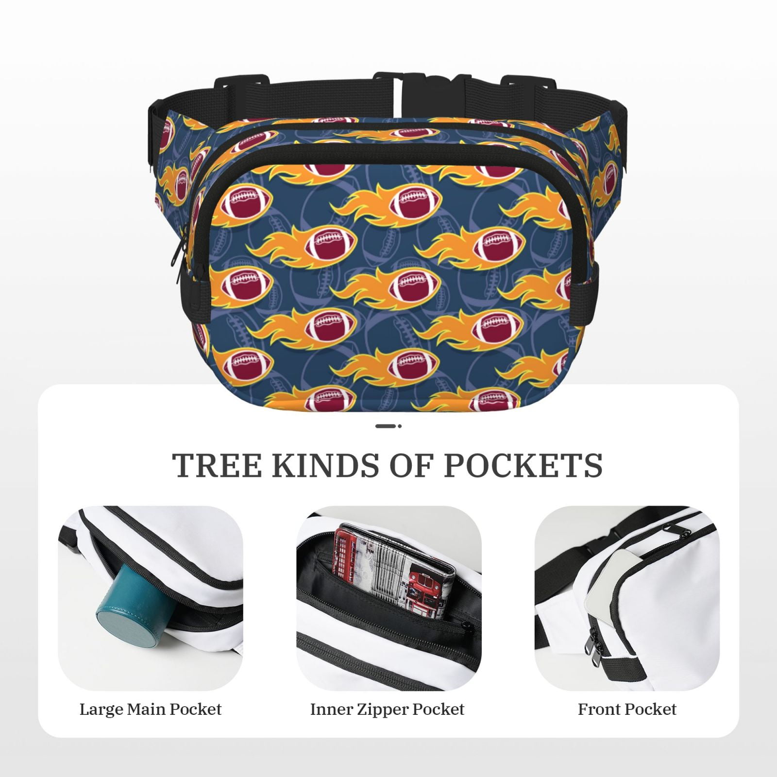Picia Burning Rugby Balls Print Square Double-Layer Waist Bag Mini Adjustable Waist Belt Bag Exercise Running Travel Hiking