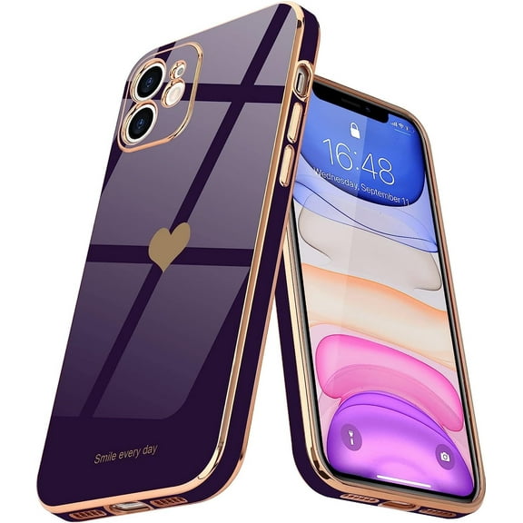 Compatible with iPhone 11 Case for Girl Women Cute Love-Heart Luxury Bling Plating Soft Back Cover Raised Camera Protection Bumper Silicone Shockproof Phone Case for iPhone 11, Dark Purple