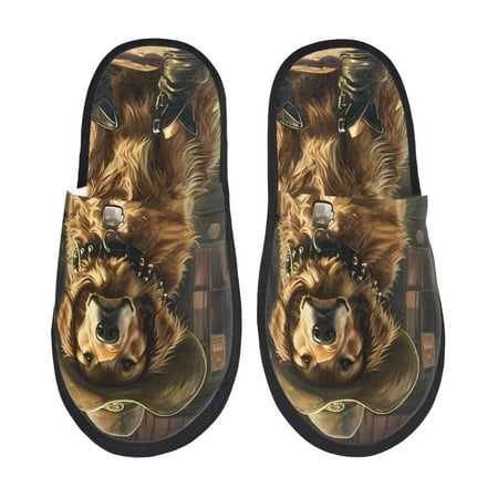 Balery Western Cowboy Golden Retriever Slient Indoor Furry Fleece Comfort House Shoes Soft Non-Slip Home Shoes Cotton slippers House Slippers-- Large