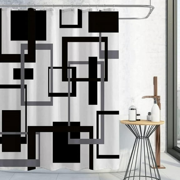Black and White Geometric Shower Curtain, Abstract Mid Century Modern Minimalist Bathroom Curtain for Bathroom Wet Room Tub Decor 72 x 72inch
