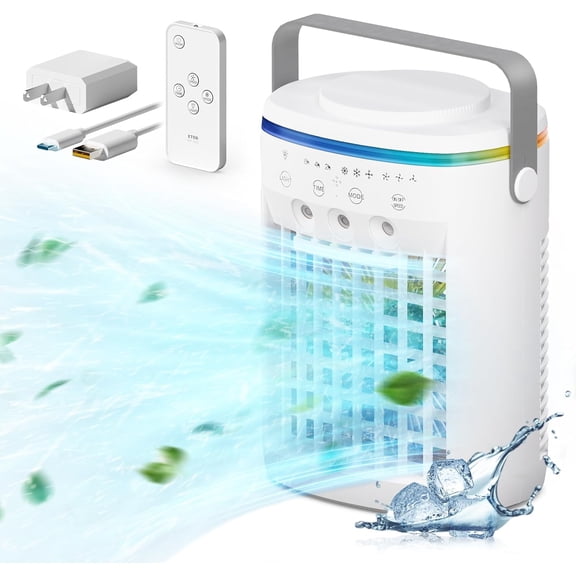 Portable Air Conditioner, Evaporative Air Cooler, 2-4-8H Timer Auto-Off &Remote, Water Tank, Three ultrasonic nozzles, 3-Speed Personal Air Conditioner Cooling Fan