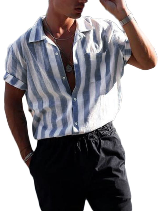 Men Short Sleeve Slim Fit Vertical Striped Button Down Shirts 