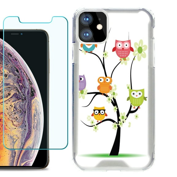 For Apple iPhone 11 Case, Hybrid Bumper Phone Case, with Tempered Glass Screen Protector, by OneToughShield ® - Tree Owl