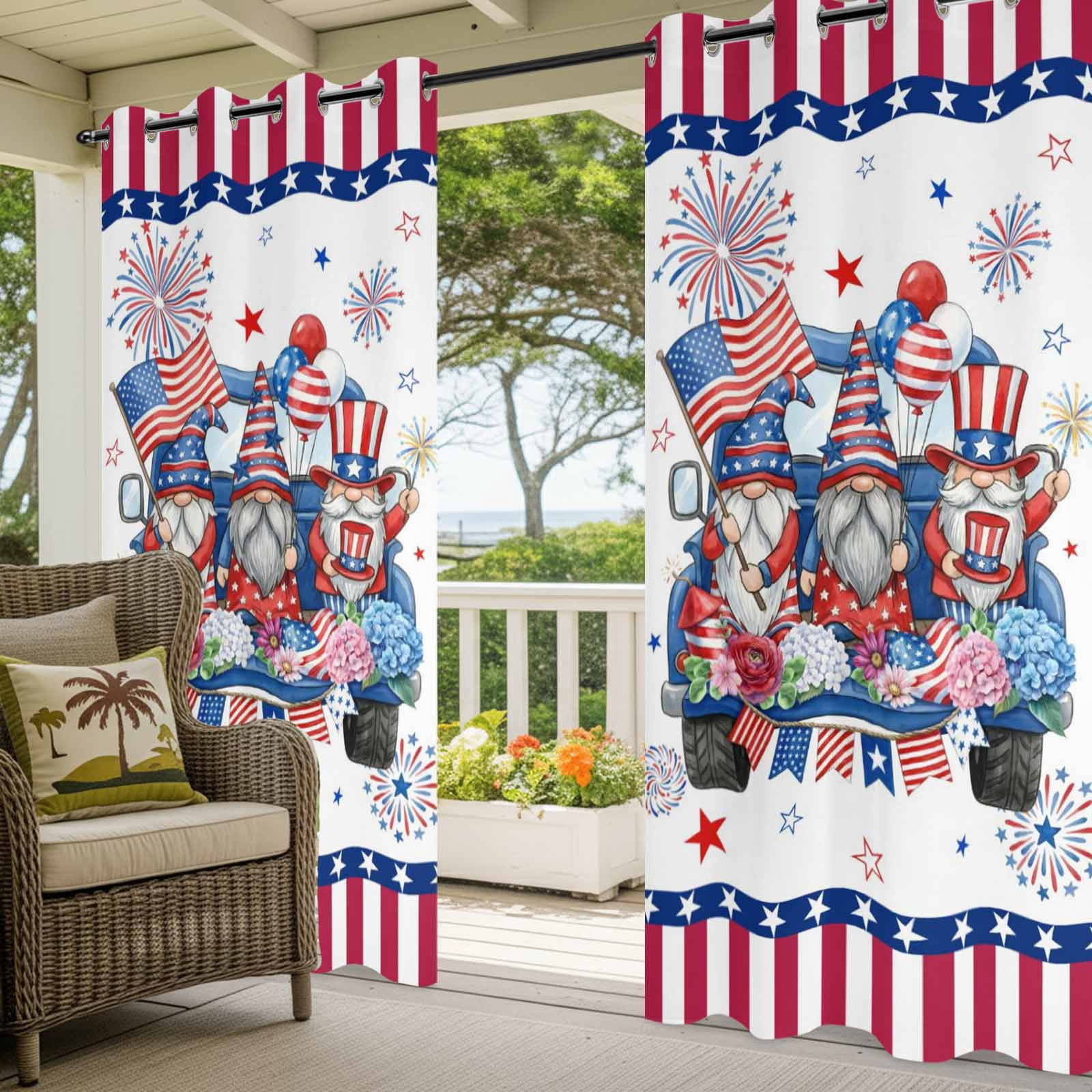 US Anniversary Outdoor Curtains for Patio, Independence Day Gnomes Blue Truck Sunshade Privacy Drapes Grommet Waterproof Outside Curtains for Porch/Cabana/Balcony 54"x 108", 1 Panel