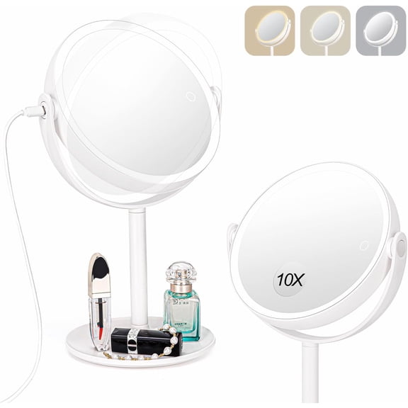MILEDUO Lighted Makeup Mirror, 1X/10X Magnifying Mirror with Lights, Vanity Mirror with 3 Color Light Brightness Adjustable, Double Sided Switch, Rechargeable Hand Mirror Hanging Tabletop Mirror