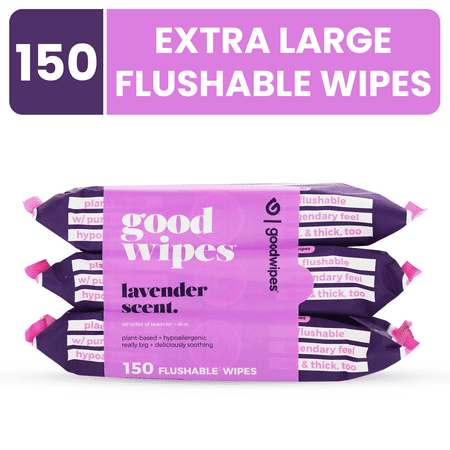 Goodwipes Flushable Butt Wipes Safe for Sensitive Skin, Lavender Scented, 3 Pack, 150 Total Wipes