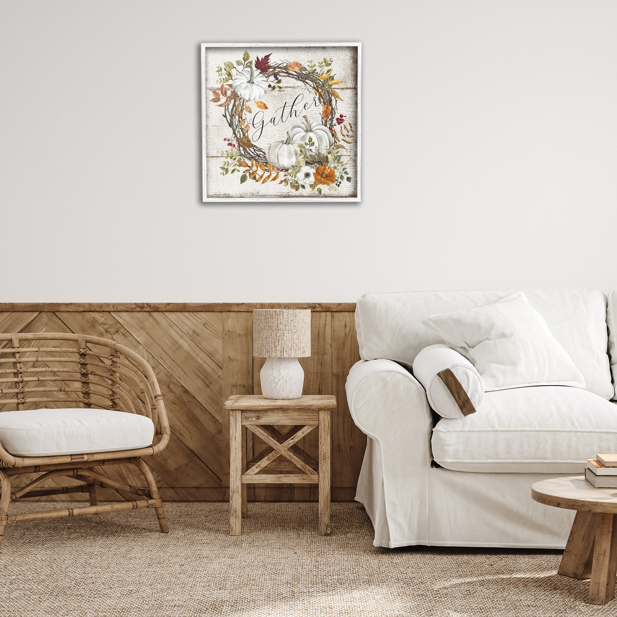 Stupell Industries Gather Autumnal Wreath Holiday Painting White Framed Art Prints Wall Art, 24 x 24