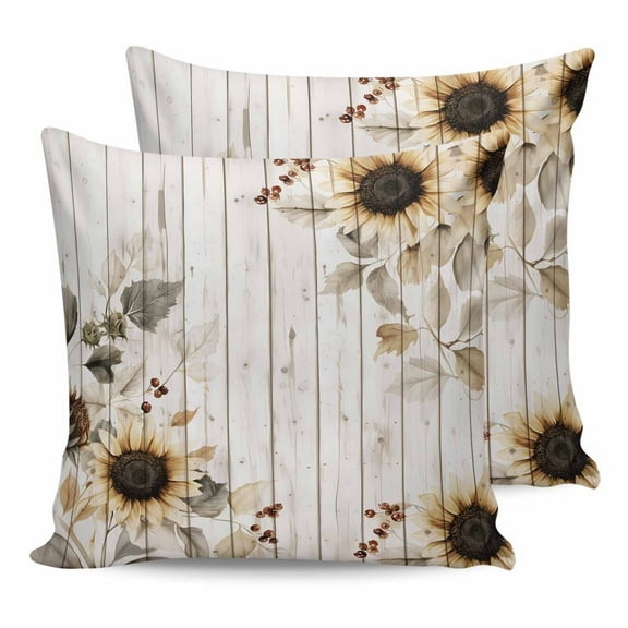 Outdoor Pillow Covers Pack of 2, Pastoral Vintage Sunflower Flower Leaves Waterproof Throw Pillowcase Cushion Cases, Wood Barn Decorative Pillow Cover for Couch Sofa Home Bed Patio
