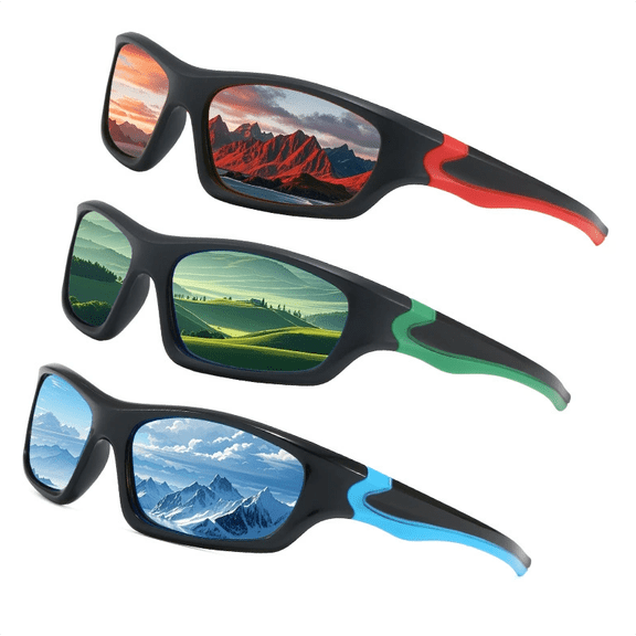 3 Pairs Outdoor Polarized Sports Sunglasses for Men Women Fishing Sunglasses Colors Mirror Lens UV Blocking Riding Eyewear Summer Sunshades(Red Green Blue)