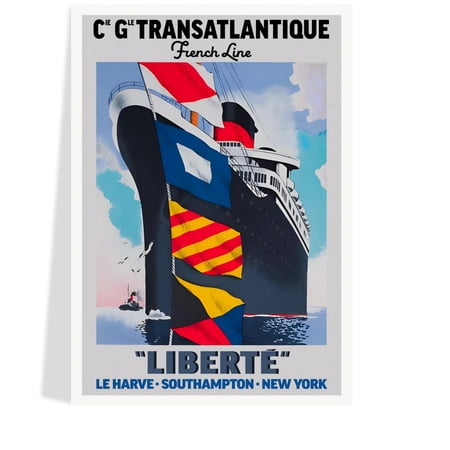 1950 French Line Ocean Liner Poster Print Art Deco Travel Art, Transatlantic Route Le Havre, Southampton, New York, Free Shipping , Poster Print Only