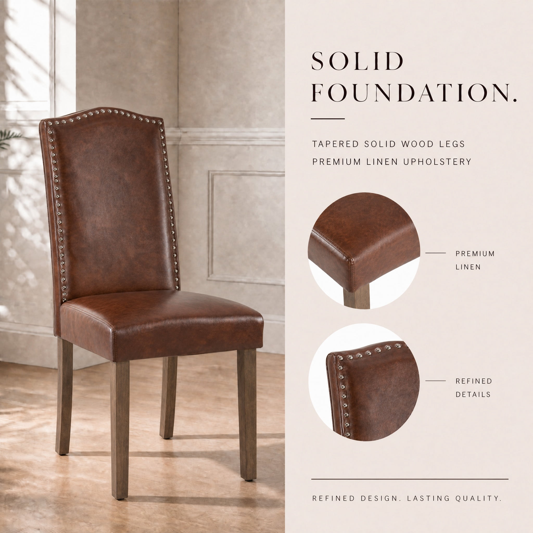 Snugway Modern Faux Leather Dining Chairs, Reddish Brown with Nailhead Trim, Set of 2