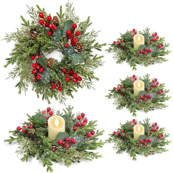 Guvpev 4Pcs Flocked Christmas Candle Rings Wreaths,10"x3.5"Small Christmas Wreath with Snowy Pinecone&Red Berry Cedar Eucalyptus Cypress Wreath,Mini Candle Holders