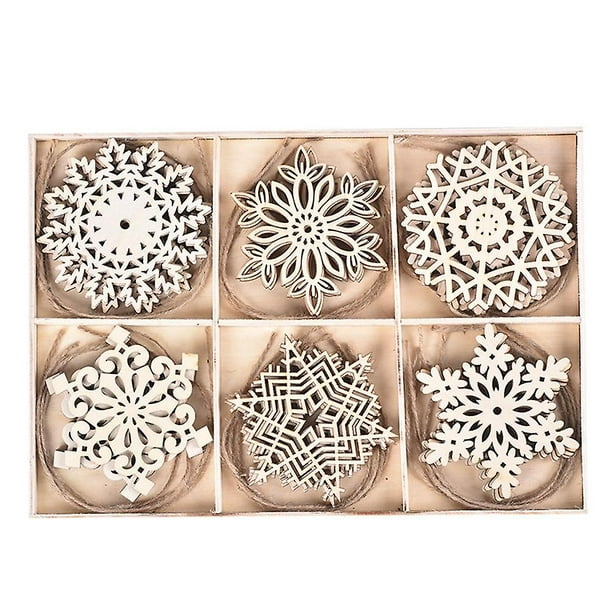 Adornos de copos de nieve de madera, decoraciones colgantes para árboles de Navidad, adornos rústicos, artesanías de madera