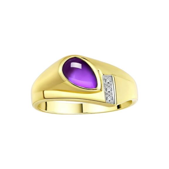 RYLOS Men's Rings Yellow Gold Plated Silver Ring - Timeless Pear Shape Cabochone Gemstone & Diamonds - Tear Drop Cabochon AMETHYST Rings For Men Size 8