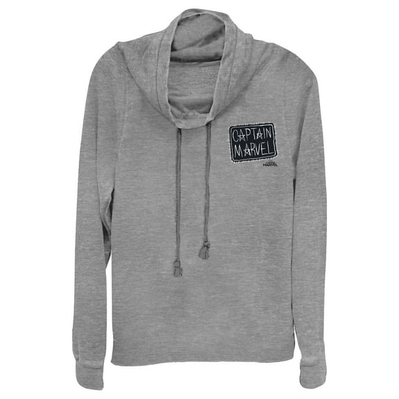 Junior's Marvel Captain Marvel Crayon Patch Logo  Cowl Neck Sweatshirt Gray Heather 3X Large