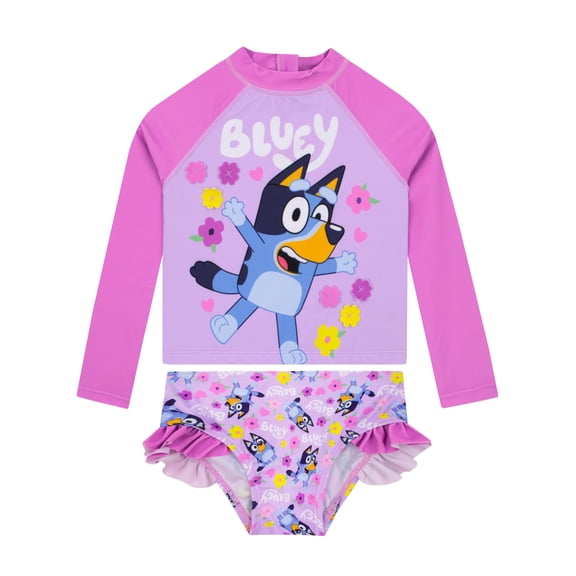 Bluey Girls Long Sleeve Swim Set With Frills Pink Sizes 2T-8