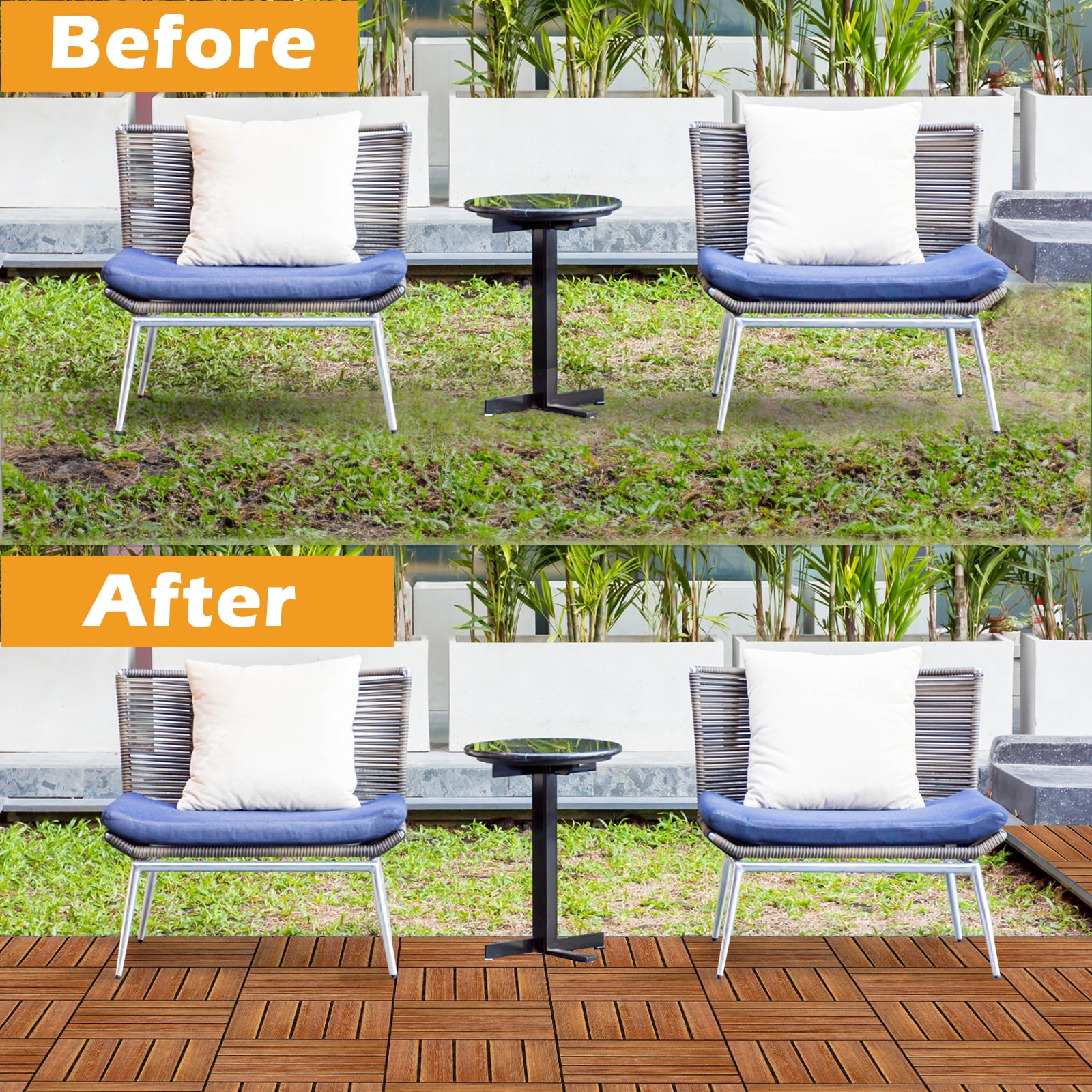 27pcs Wood Interlocking Deck Tiles 11.8"x11.8", Waterproof Flooring Tiles for Indoor and Outdoor, Patio Wood Flooring for Patio Porch Poolside Balcony Backyard, Stripe Pattern