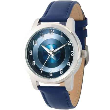 Marvel's Avengers: 75th Anniversary Shields Men's Silver Alloy Watch, Blue Leather Strap