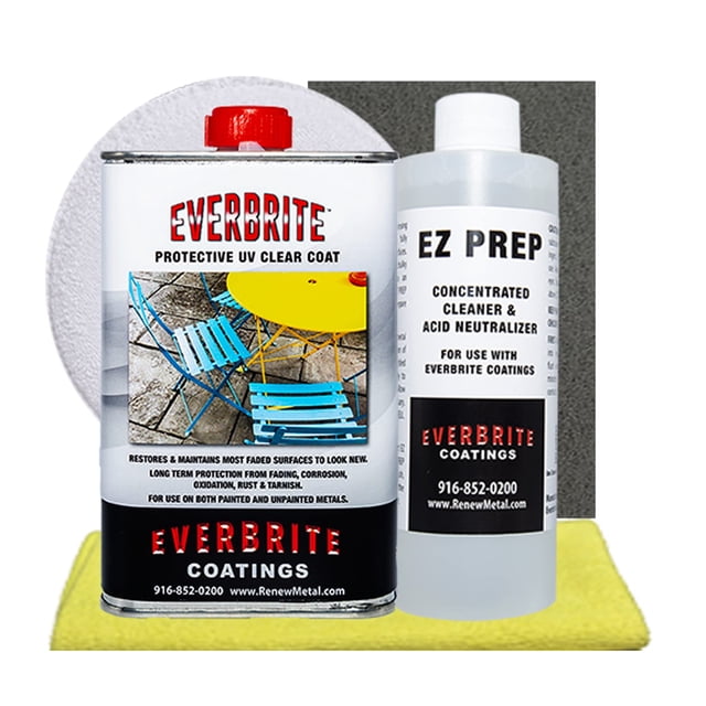 Everbrite Starter Kit (16 Oz.) Clear Protective Coating for Metal, including a pint of Everbrite UV protective coating, 8 oz EZ Prep cleaner, prep pads, microfiber towel, applicator pads, nitrile gloves, and instructions. Ideal for restoring and protecting faded, oxidized, or tarnished metal surfaces such as aluminum, painted metal, siding, and patio furniture. Provides UV protection and long-lasting results for exterior applications.