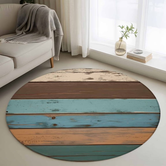 Round Rugs 3.3Ft, Farmhouse Blue Teal Brown Round Area Rug Washable Indoor Throw Carpet, Vintage Ombre Wooden Soft Non Slip Circle Rug for Laundry Room Patio Home Decor Aesthetic