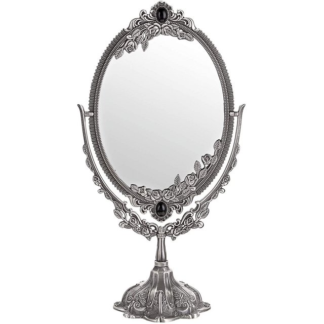 Espejo de maquillaje Espejo decorativo vintage Espejo ovalado y de doble cara para mesa, fotografía, vestidor (grande, plateado)