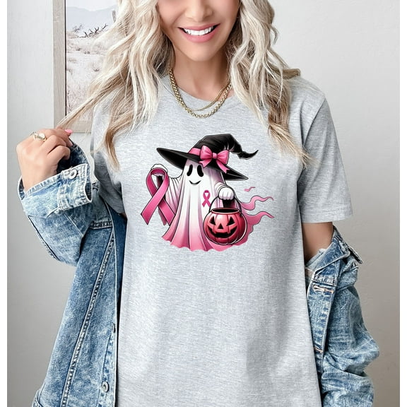 Moonlight Apparel Halloween Pink Ribbon Ghost T-Shirt for Women Breast Cancer Awareness Witch Hat Pumpkin Tee Cute October Spooky Season Support Shirt Fall Graphic Top for Casual Holiday Style