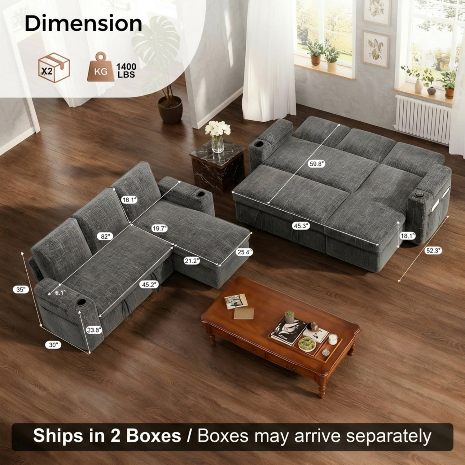 82" Sectional Sleeper Sofa with Pull Out Bed, Convertible L-Shaped Couch with Reversible Storage Chaise, 5-Level Reclining Backrest, Chenille, Dark Grey
