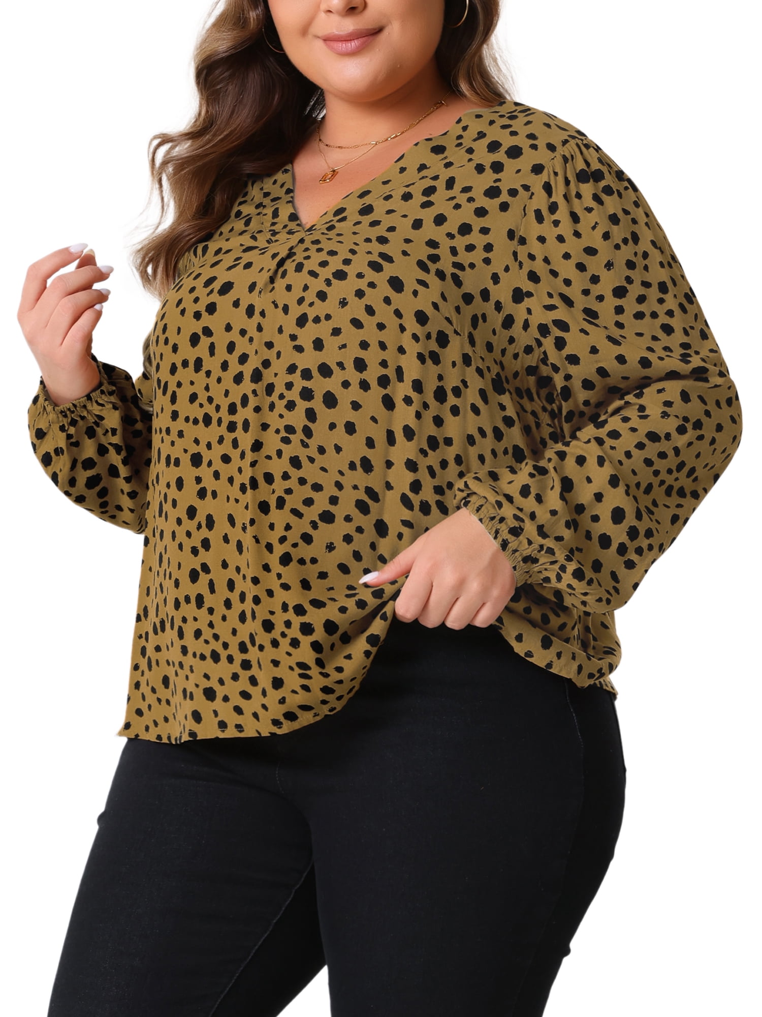 DARING DIVA Women's Plus Polka Dot V Neck Long Sleeve Blouse 2X Brown