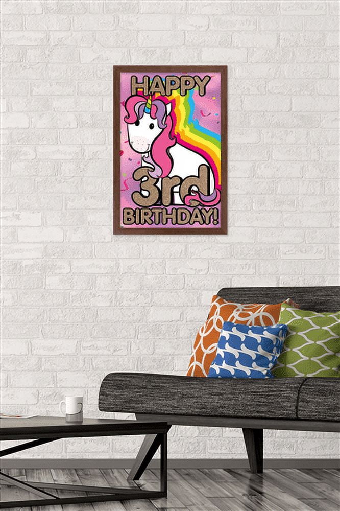 Ellie Ripberger Unicorn - Happy 3rd Birthday Wall Poster, 14.725" x 22.375", Framed