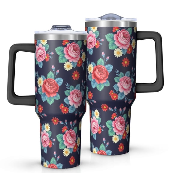 40oz Pioneer Flower Floral Print Pattern Insulated Tumbler with Handle, BPA-Free Leak Proof Lid and Straws, Double Wall Vacuum, Hot 12h/Cold 34h