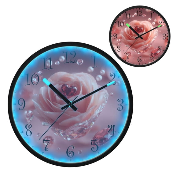 Voice Activated Clock with Glow Light 12 Inch Large Silent Wall Clock Battery Operated for Home Decor Pink Rose with Red Heart-shaped