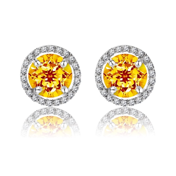 JeenMata Pendientes de Botón con Halo de Citrino de Talla Redonda de 1,25 Quilates con Piedra Natal de Noviembre en Oro Blanco de 18 K sobre Plata
