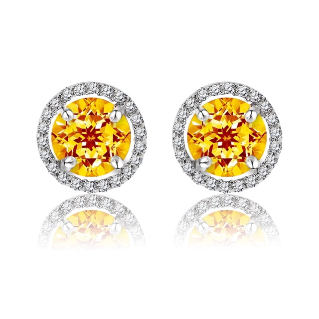 JeenMata Pendientes de Botón con Halo de Citrino de Talla Redonda de 1,25 Quilates con Piedra Natal de Noviembre en Oro Blanco de 18 K sobre Plata
