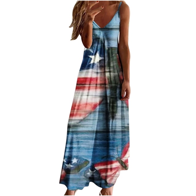 Vestido largo de playa ajustado con estampado de rayas sin mangas con cuello en V y cintura media a la moda para mujer del Día de la Independencia Pompotops ghjkhdj8445