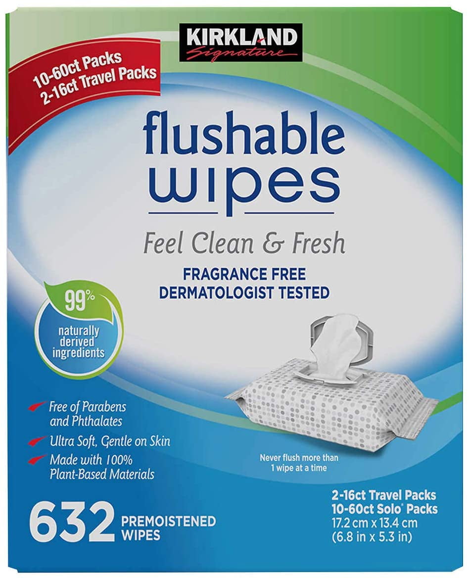 632 Count-set 10 Kirkland Signature Moist Flushable Enhanced Cleansing & Freshness Ultra Soft Hypoallergenic Plant-Based Wipes 