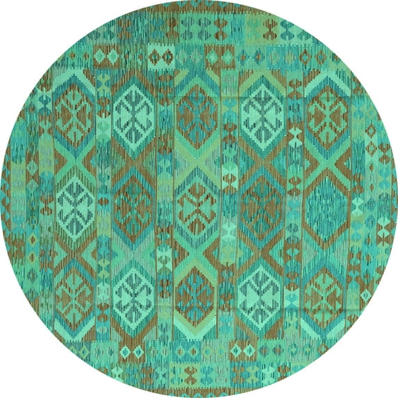 Ahgly Company Machine Washable Indoor Round Southwestern Turquoise Blue Country Area Rugs, 3' Round