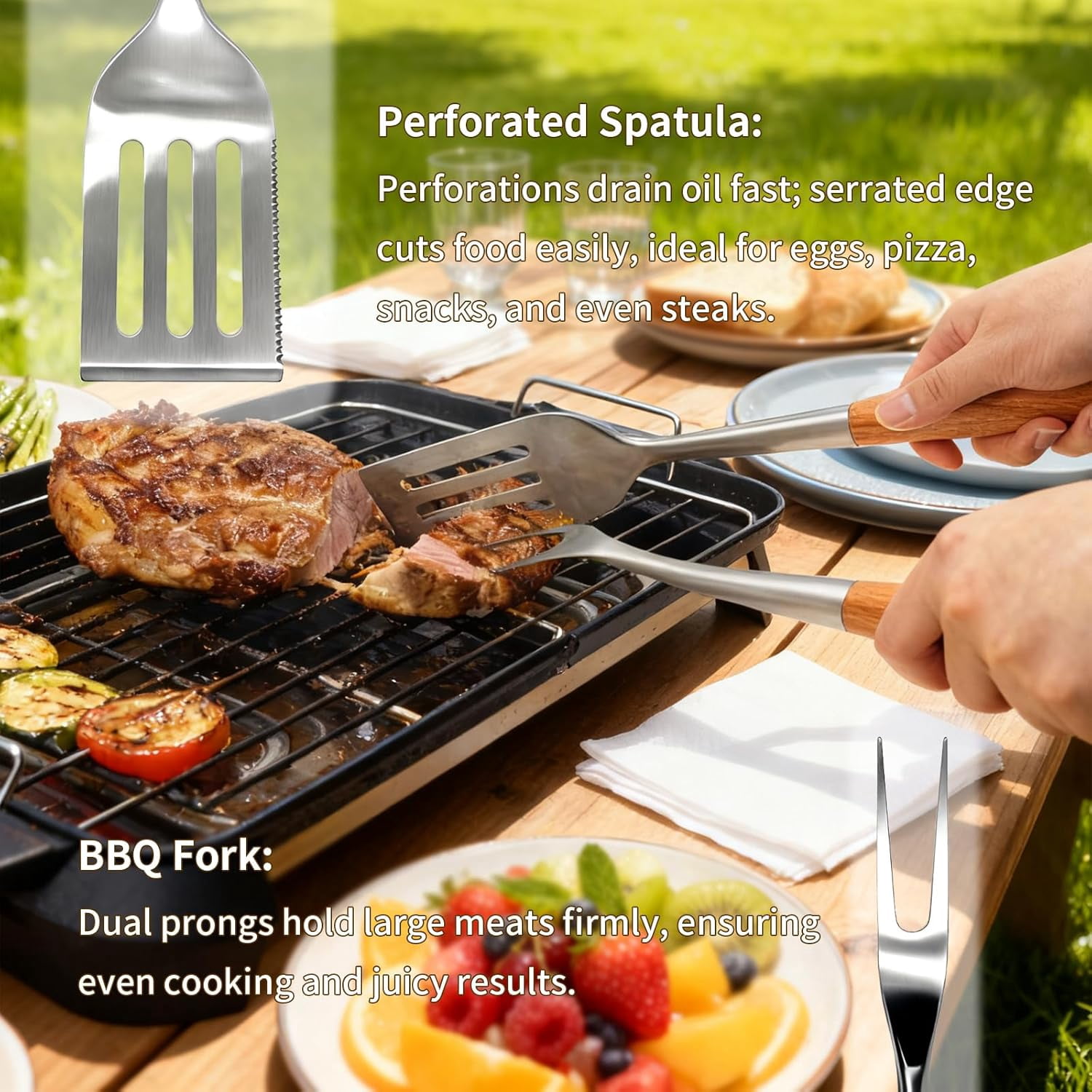 BBQ Grilling Accessories, Outdoor Grill Set with Spatula, Fork, Brush & Tongs, Stainless Steel Grilling Tools with Non-Slip Wooden Handle
