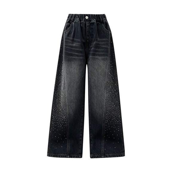 TIREOW Girls Cotton Jeans Wide Leg Elastic High Waist Denim Trousers Casual Spring Autumn Loose Streetwear Denim Pants