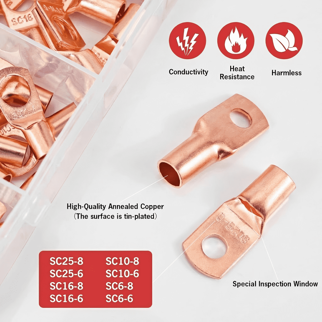 60-Piece SC Tinned Copper Lug Kit, Heavy Duty Ring Terminal Connectors for Bare Cable, 8 Sizes Assorted Electrical Crimp Terminals for Automotive, Marine, and Battery Wiring