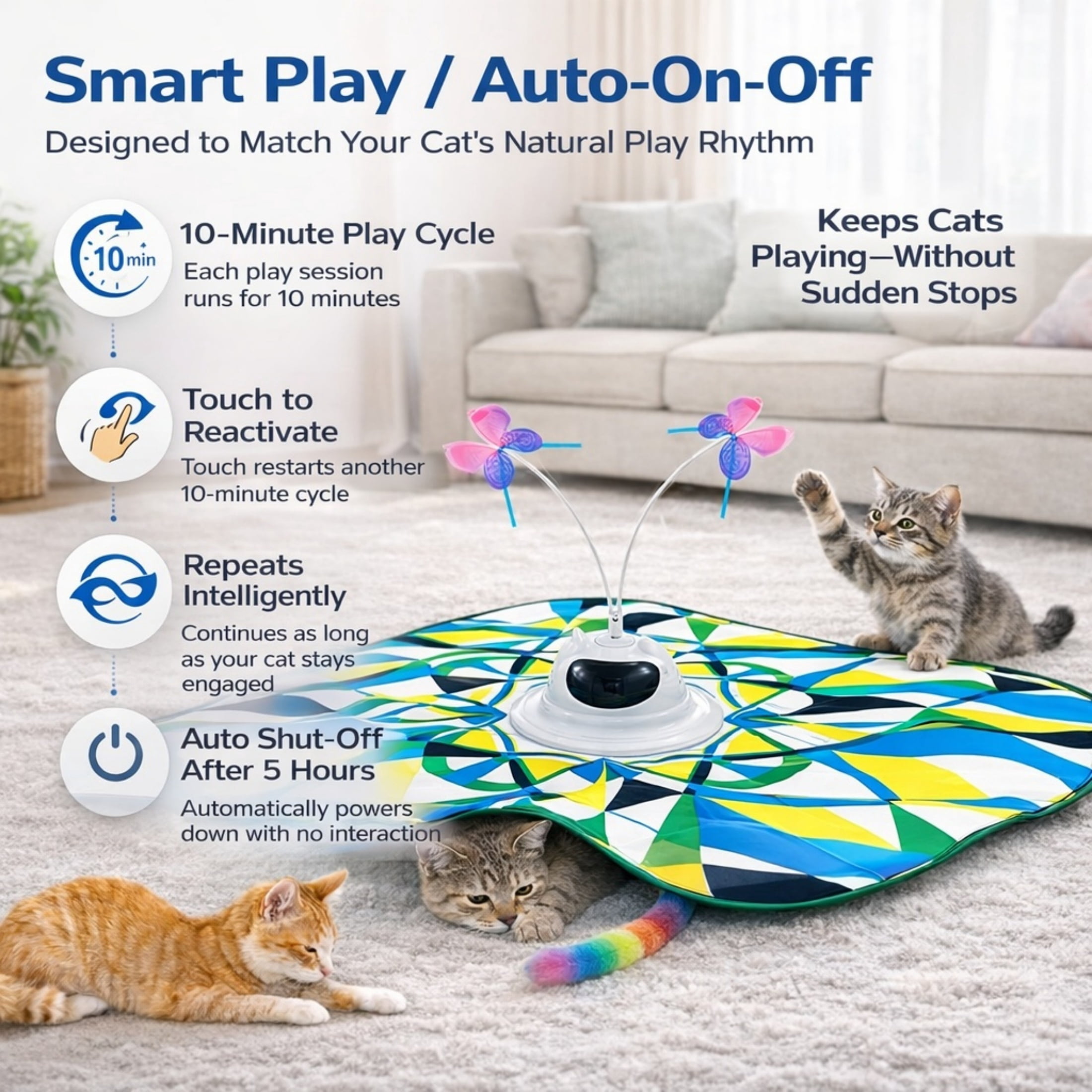 Kupet Interactive 3-in-1 Hide and Seek Cat Toy - Rechargeable Automatic Exercise Toy for Indoor Cats & Kittens, Touch Activated with Spinning Butterfly, Moving Tail, and Ultra-Quiet Motor 0115
