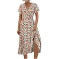 thumbnail image 2 of LSLJS Robe d'Été pour Femmes Nouvelle Couleur Unie Manches Courtes Dentelle Col en V Ourlet Taille, Robe d'Été Plage, 2 of 6