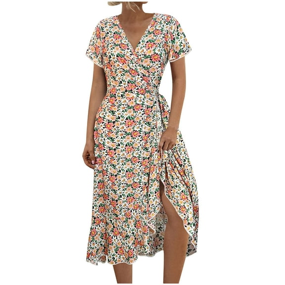 STETMN Spring Summer Dresses 2025 for Women Short Sleeve Boho Floral Maxi Wrap Dress Swing Beach Dress