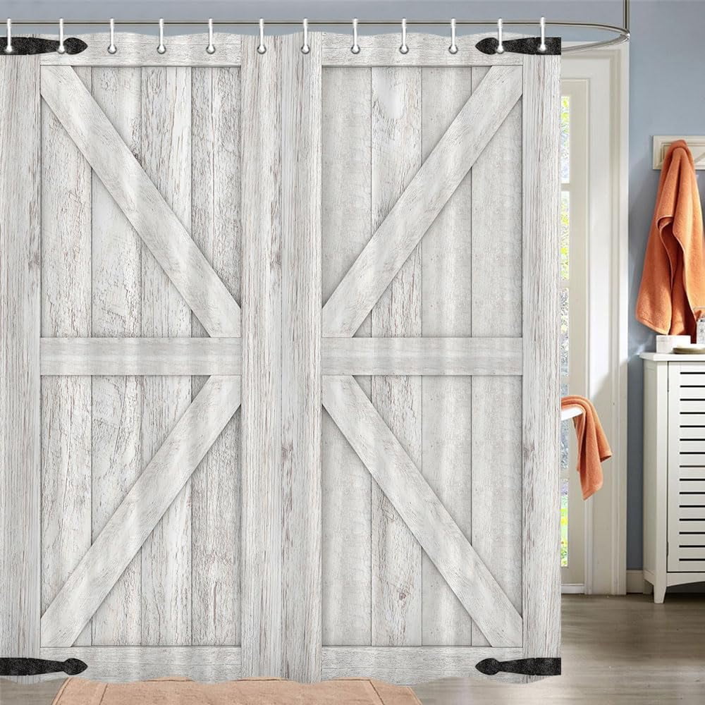 Wooden Barn Door Shower Curtain, Rustic Wooden Garage Door Shower Curtain Vintage Wood Farmhouse Shower Curtain, Country Barn Door Shower Curtain with Hooks, 72X72 Inch, Beige