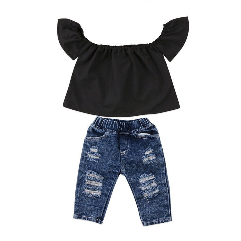 BriskyM Baby Girl Clothes Toddler Kids Off Shoulder Tops+Denim Ripped Jeans Long Pants Outfit Set Ages 3-8Years 