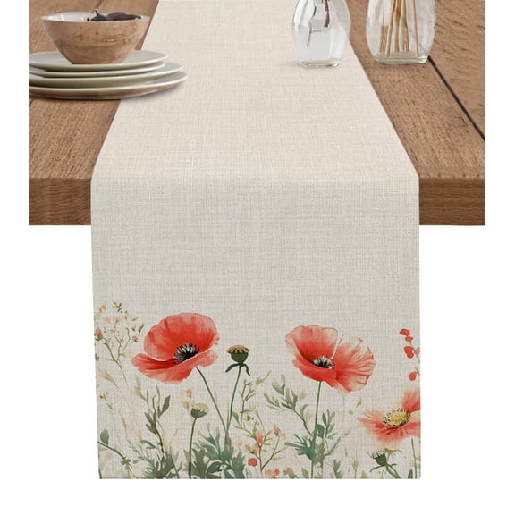Elegant Poppy Table Runner 36 Inches, Spring Florals Pastoral Watercolor Rustic Bed Runner Dresser Scarves Tabletop for Indoor Outdoor Parties/Ceremony/Banquet, 13"x 36"