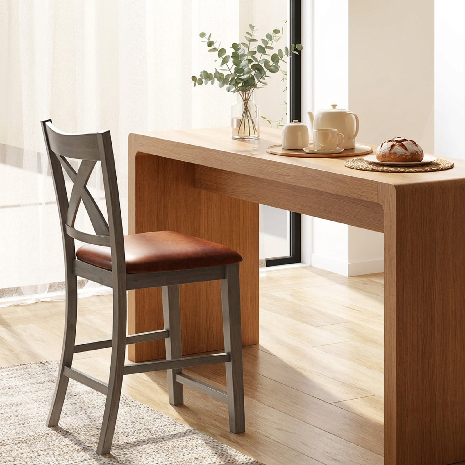 Furnibear Bar Stools Set of 2 with Cross Back and Faux Leather Upholstered Seat