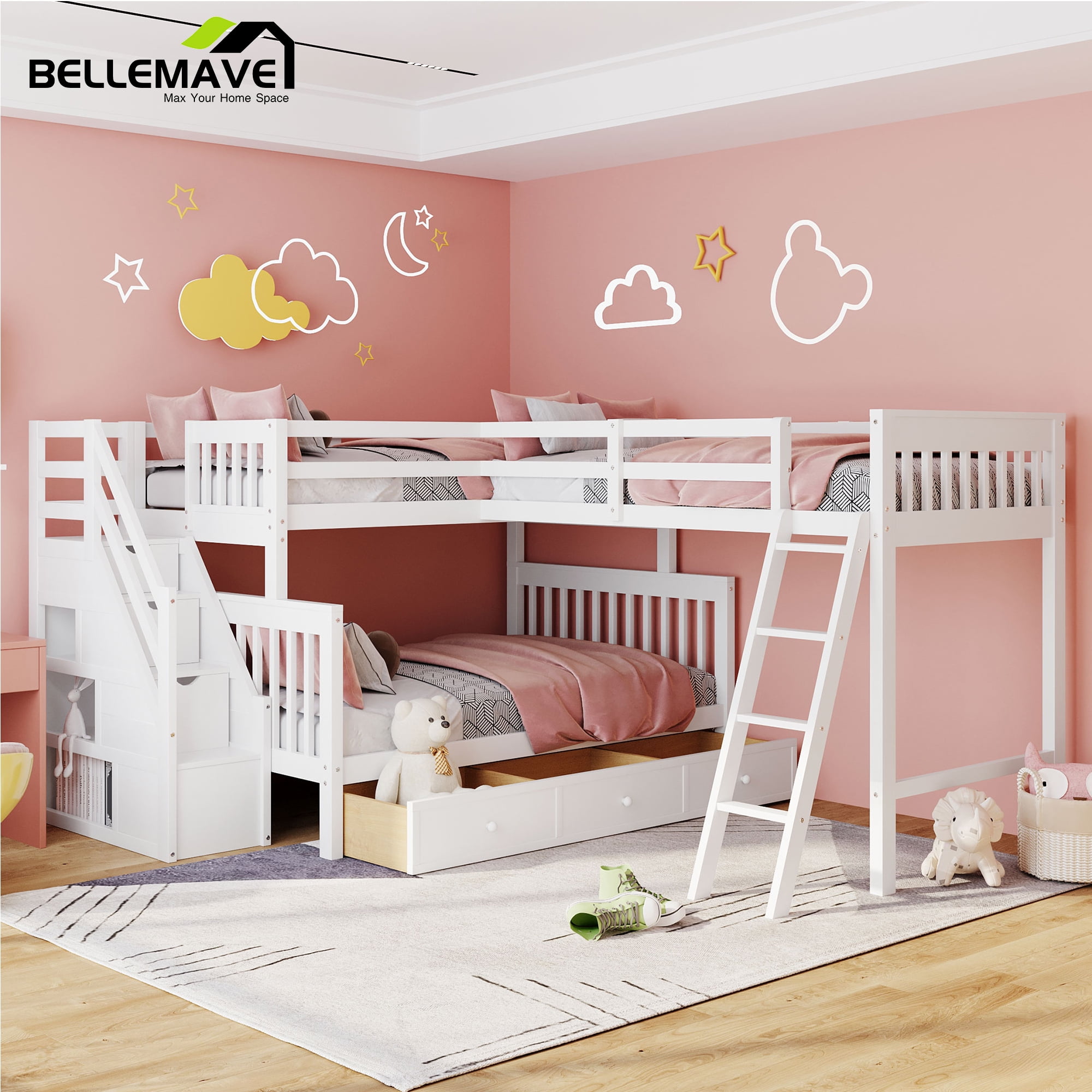 BELLEMAVE LShaped Bunk Beds Twin over Full Size, Kids Triple Bunk Bed with Storage Stairs