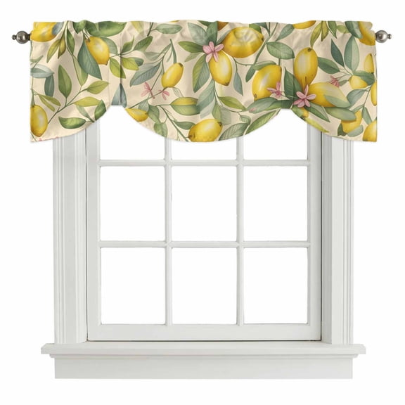 Summer Lemons Tie Up Valance Curtains for Windows, Kitchen Curtains Window Treatments, Vintage Fruits Green Leaf Botanical Short Window Shades Valances for Bedroom Bathroom Cafe 42"x12"