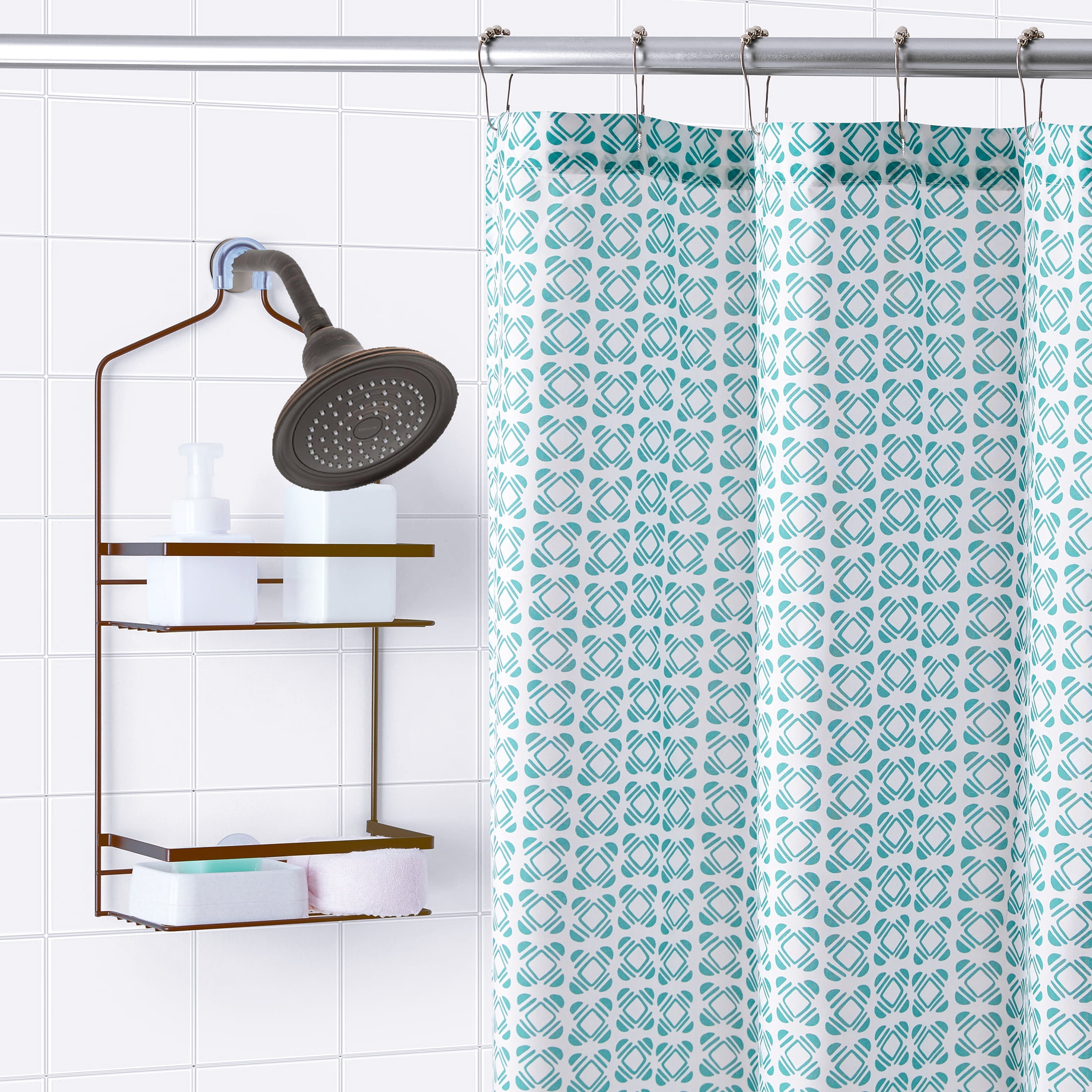 Mainstays Global Cool Water Geometric Polyester Shower Curtain Set, 15-Piece