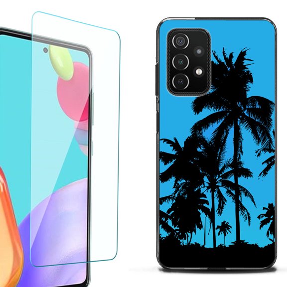 Slim-Fit Flexible TPU Gel Phone Case (black) for Samsung Galaxy A52 5G, with Tempered Glass Screen Protector, by OneToughShield ® - Tropical Summer